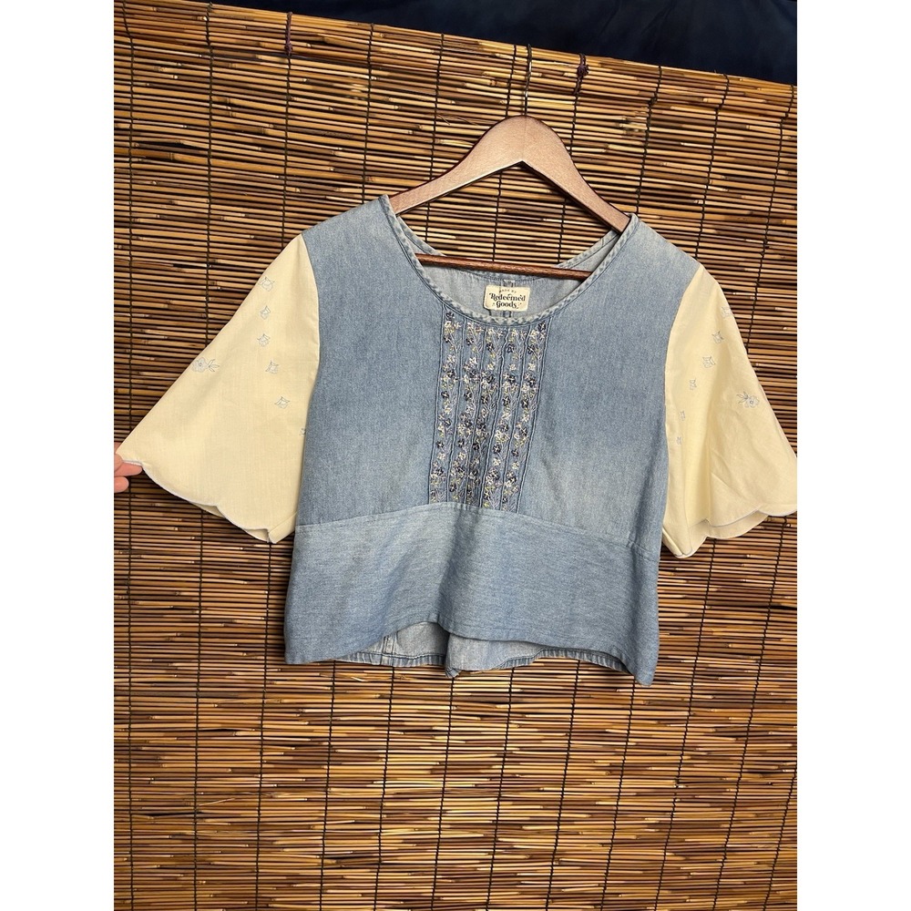 Redeemed Goods Denim Embroidered Blouse Top Cream Scallop Tie Back Boho L/M